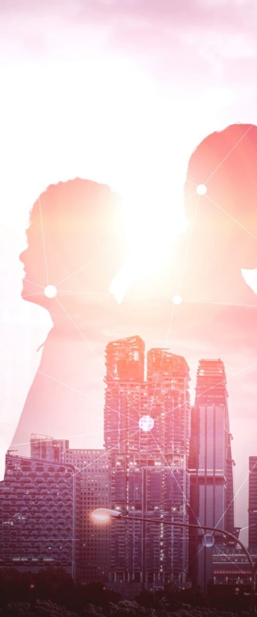 Double Exposure Image of Many Business People. Double exposure image of many business people conference group meeting on city office building in background showing partnership success of business deal. Concept of teamwork, trust and agreement.
